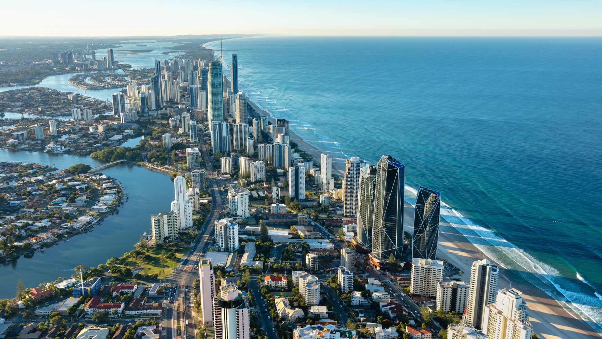 Gold Coast waterways, beach, and city towers